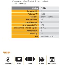 Compressore ad Aria Lubrificato Olio Mistral PH024 - 24Lt 2 Hp  1500 W