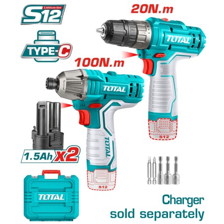 Set Avvitatore ad Impulsi 1/4" 12V TOTAL- Kit Trapano Professionale + Accessori