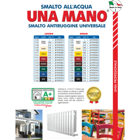 Smalto all'acqua lucido/opaco UNA MANO Antiruggine Univ. certificato A+HACCP