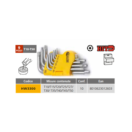 Hit serie chiavi torx T10/T15/T20/T25/T27/ T30/ T35/T40/T45/T50 HW33000