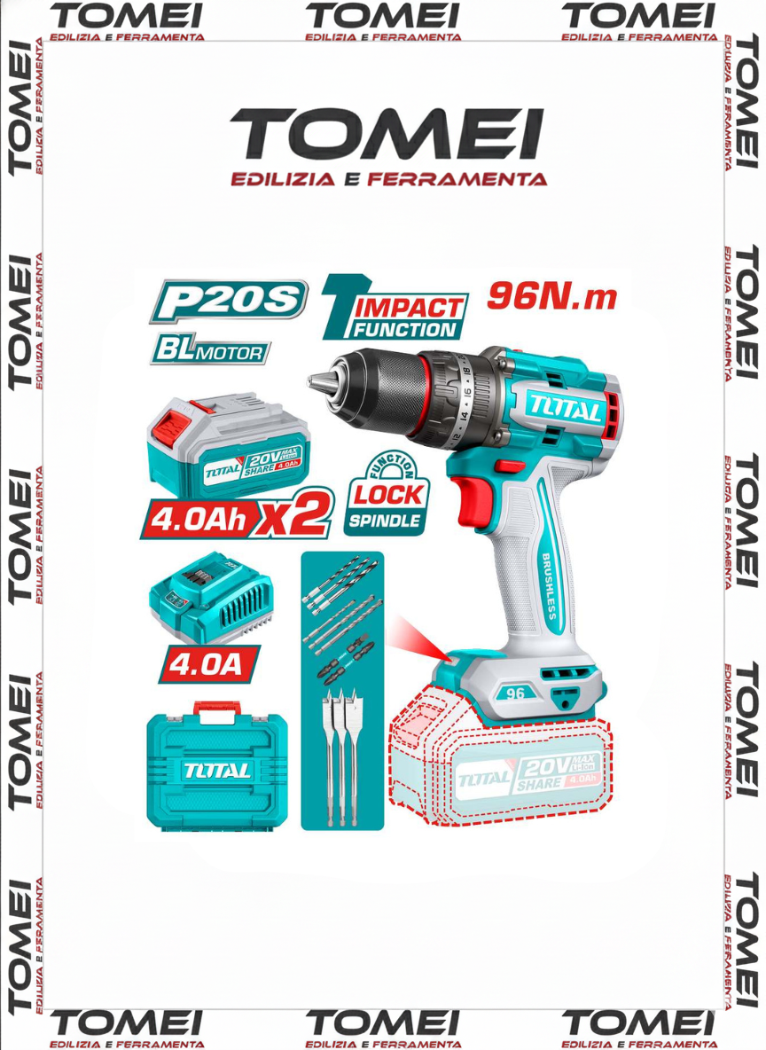 Trapano avvitatore Total P20S a percussione brushless 20V 96Nm batterie 4.0Ah