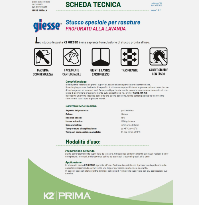 Stucco Rasante in Pasta K2-GS x Pareti interne e lastre di cartongesso 5 e 20 kg