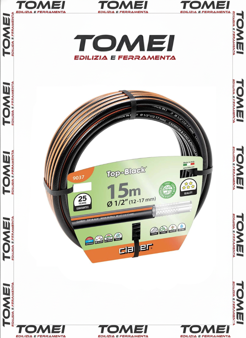 Tubo da giardino antitorsione TOP BLACK 1/2" (12 - 17mm) 15 metri - CLABER 9037